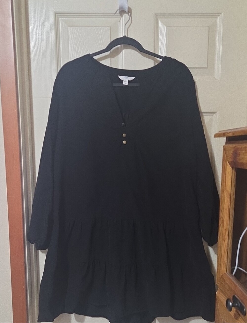 Time and Tru Black Tiered V-Neck Tunic with Button Placket